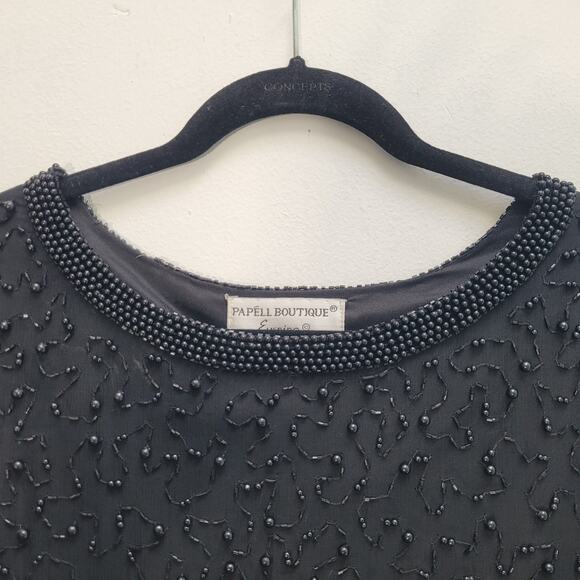Papell Boutique Evening Black Silk Beaded Tunic Long Sleeve Top Womens Large - Picture 4 of 13